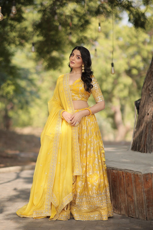 Yellow Banarasi Woven Jaal Design Silk Lehengas with Stunning Blouse