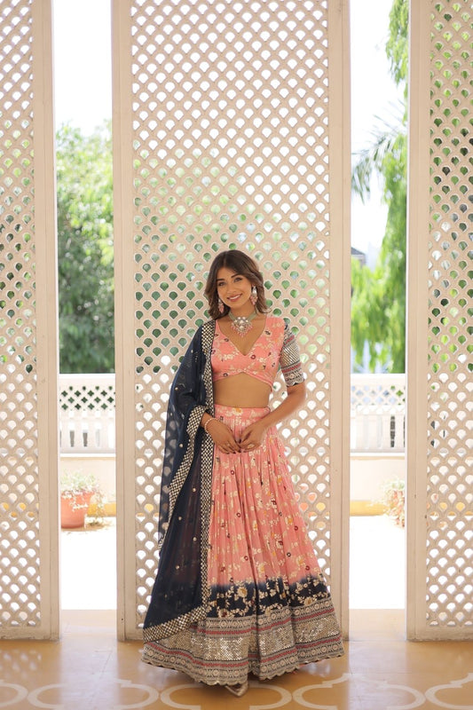 Peach & Blue Designer Lahenga Choli For Woven Dupatta and Pretty Blouse