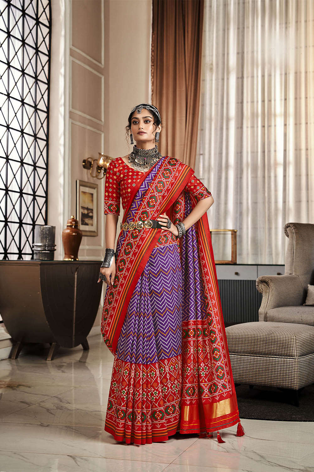 Purple & Ferrari Red Leheriya Style Patola Saree with Fancy Red Blouse