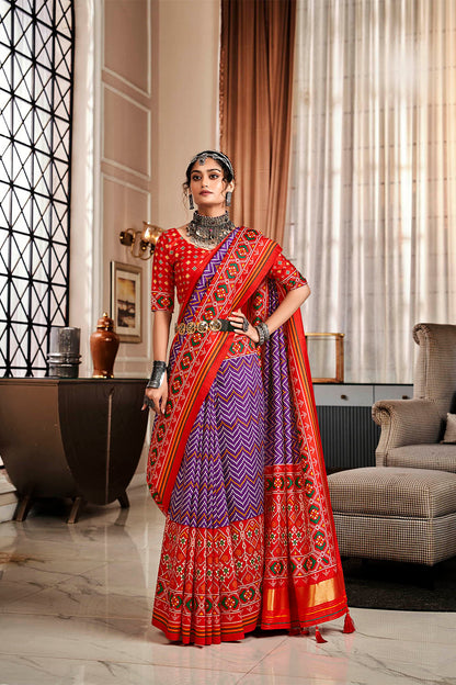 Purple & Ferrari Red Leheriya Style Patola Saree with Fancy Red Blouse