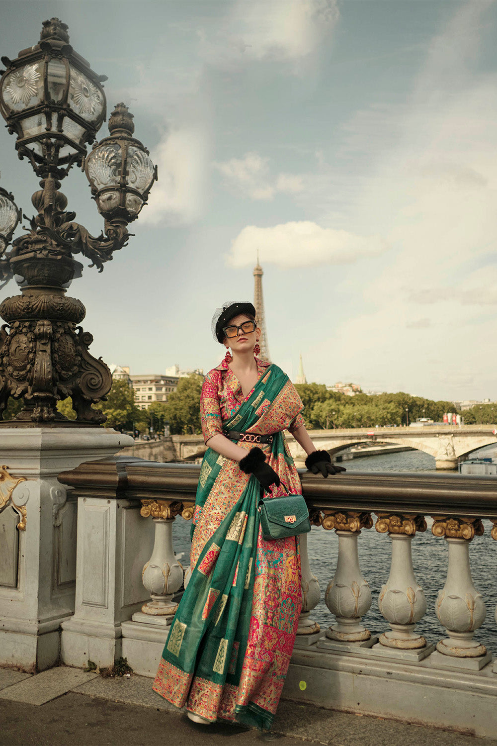 Forest Green Kashmiri Silk Saree with Beautiful Pink Designer Blouse