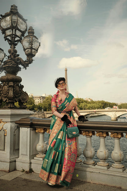 Forest Green Kashmiri Silk Saree with Beautiful Pink Designer Blouse