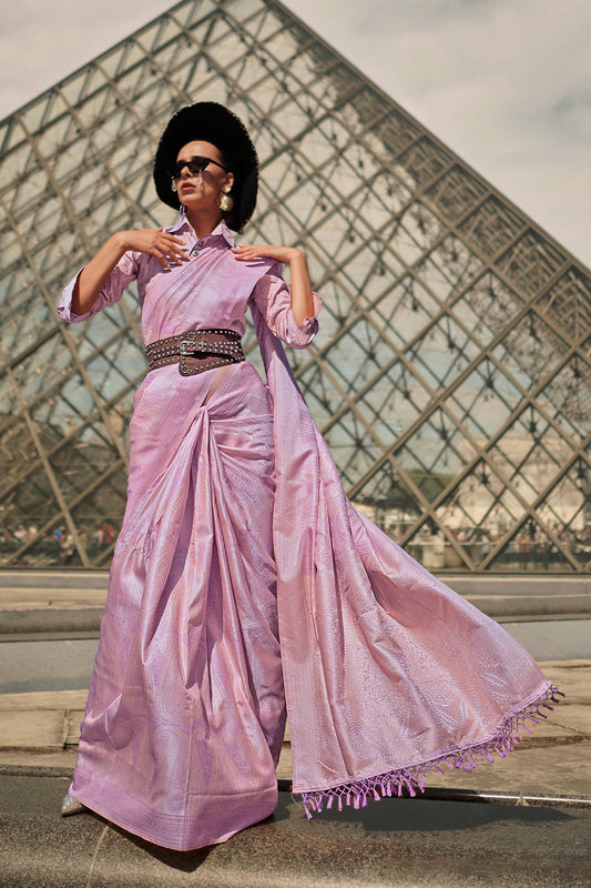 African Purple & Golden Shade Kanjeevaram Silk Saree with Same Colored Designer Blouse