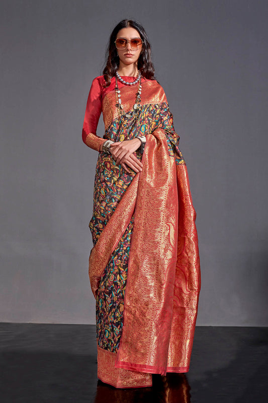 Black & Multi-coloredn Red Border Kashmiri Saree with Designer Blouse