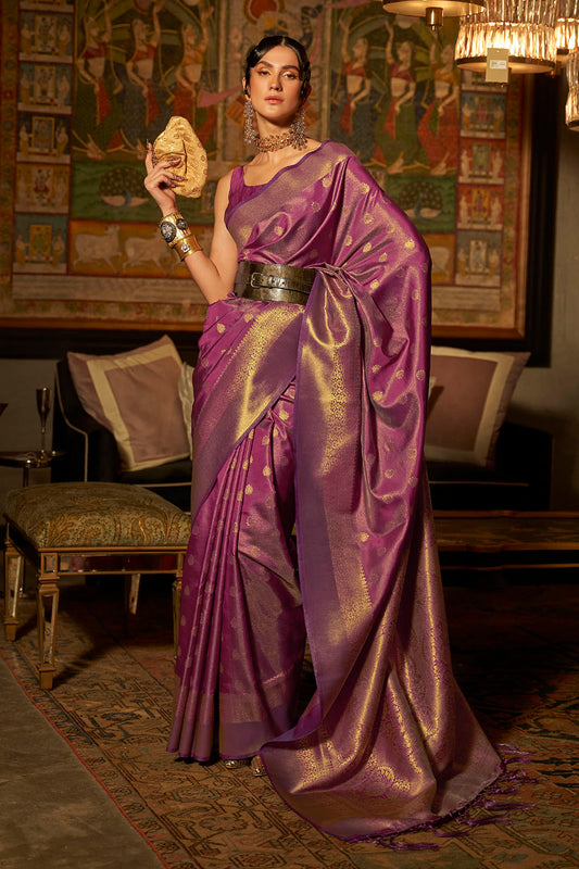 Fandango Purple & Golden Butti Banarasi Silk Saree with Designer Sleeve Less Blouse