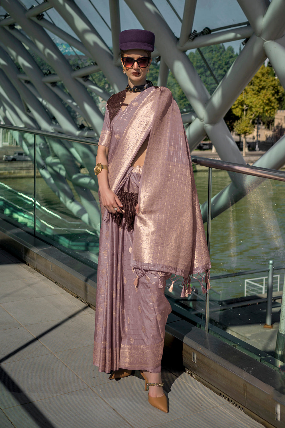 African Purple Banarasi Silk Saree with Fancy Contrast Blouse