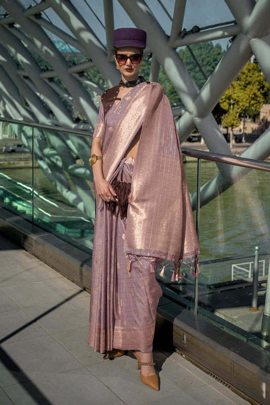 African Purple Banarasi Silk Saree with Fancy Contrast Blouse