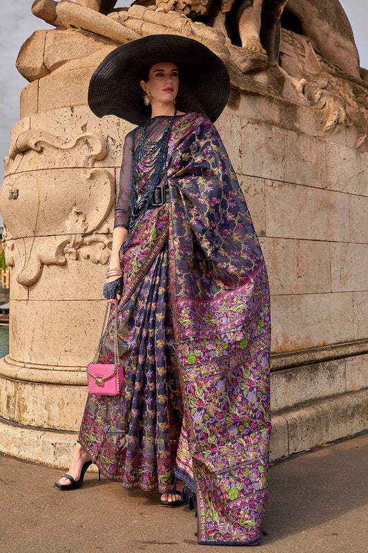 Dark Blue Kashmiri Silk Saree with Same Colored Blouse