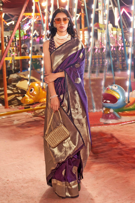 Eggplant Purple & Golden Designs Banarasi Silk Saree with Intricate Blouse