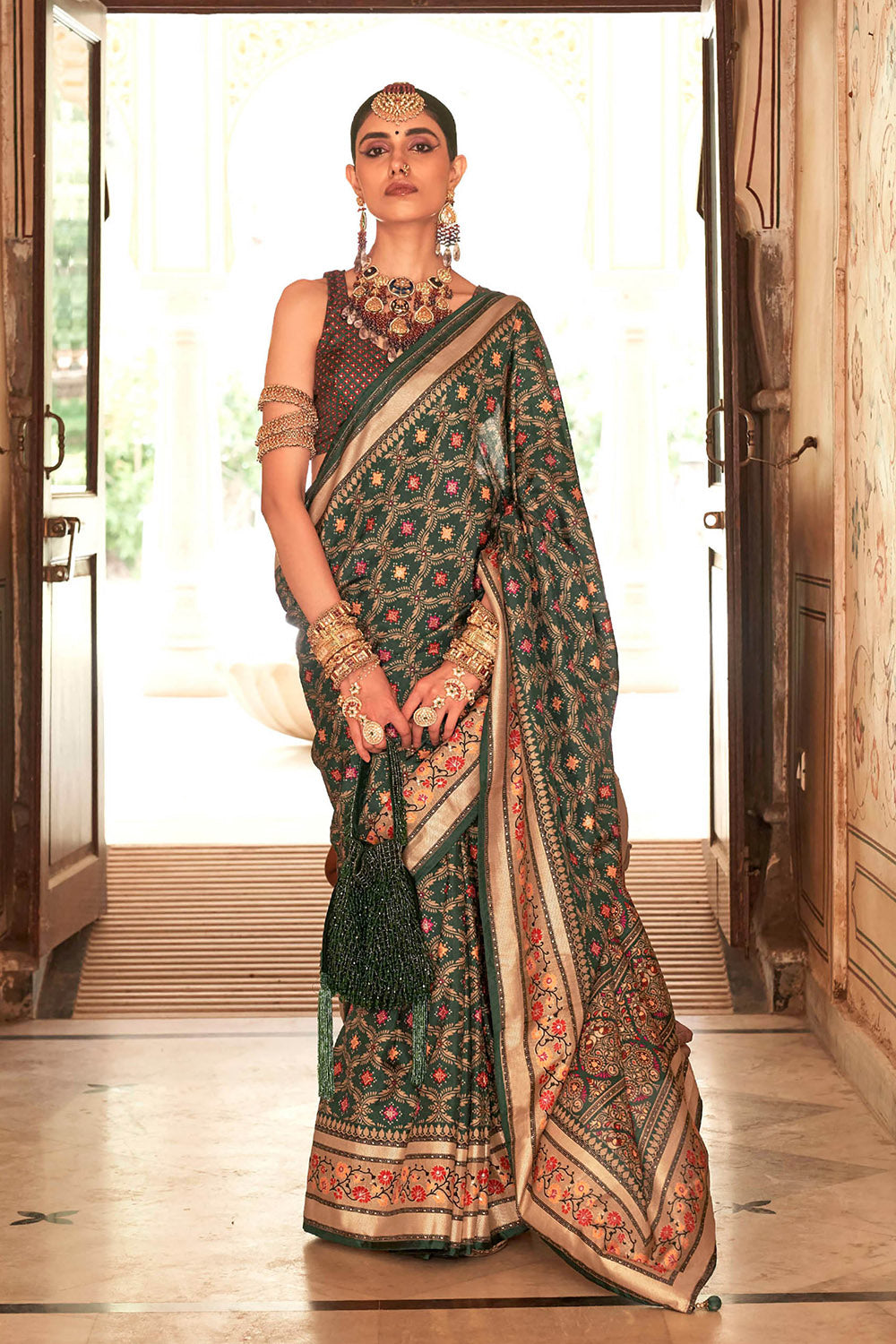 Army Green & Golden Border Patola Saree with Contrast Designer Blouse