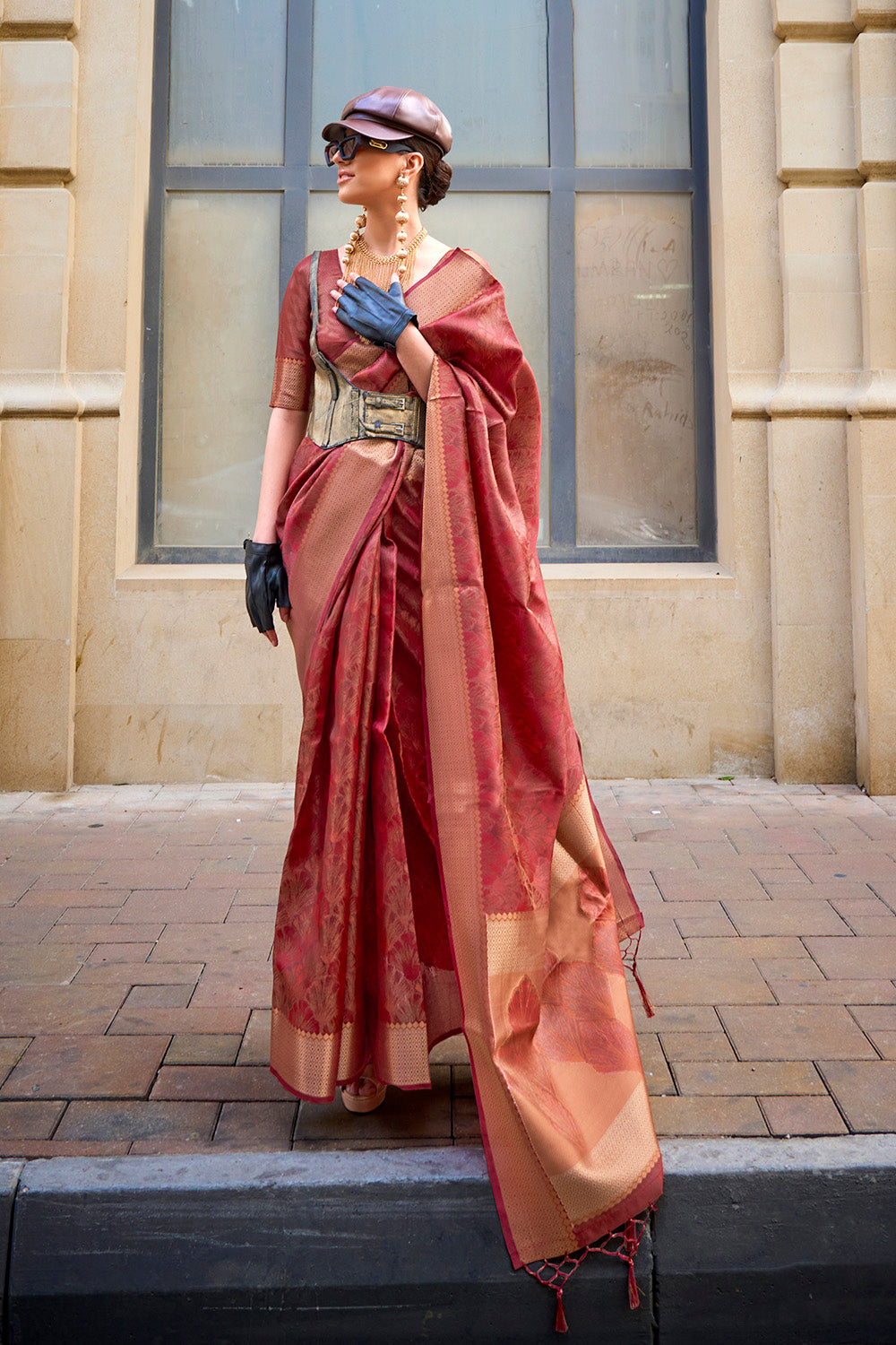 Crimson Red & Golden Border Banarasi Silk Saree with Contrast Blouse