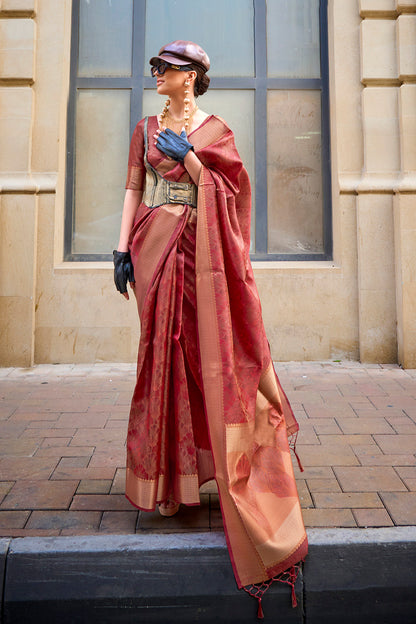 Crimson Red & Golden Border Banarasi Silk Saree with Contrast Blouse