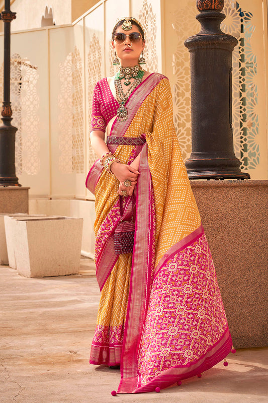 Amber Yellow Patola Saree with Ruby Pink Pretty Blouse