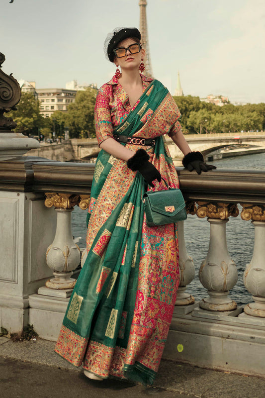Forest Green Kashmiri Silk Saree with Beautiful Pink Designer Blouse