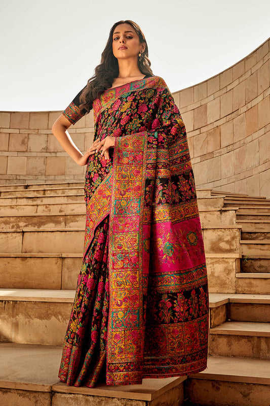 Black Floral Kashmiri Silk Saree with Black Pretty Blouse