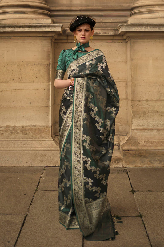 Sacramento Green & Silver Border Banarasi Silk Saree with Green Fancy Blouse