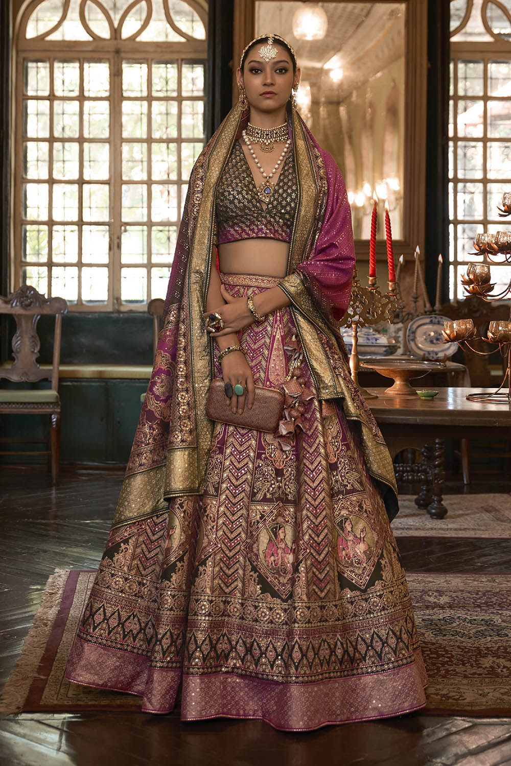 Olive with Pink Maharani Style Soft Silk Designer Lahenga Choli for Woman
