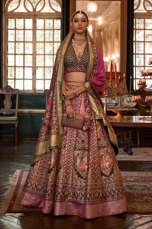Olive with Pink Maharani Style Soft Silk Designer Lahenga Choli for Woman