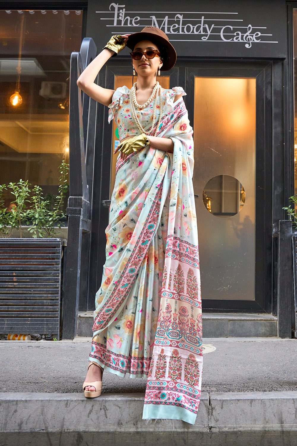 Off White & Multicolored Printed Saree with Designer Blouse