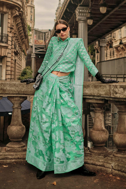 Powder Green & White Design Lucknowi Chikan Kari Saree with Designer Blouse
