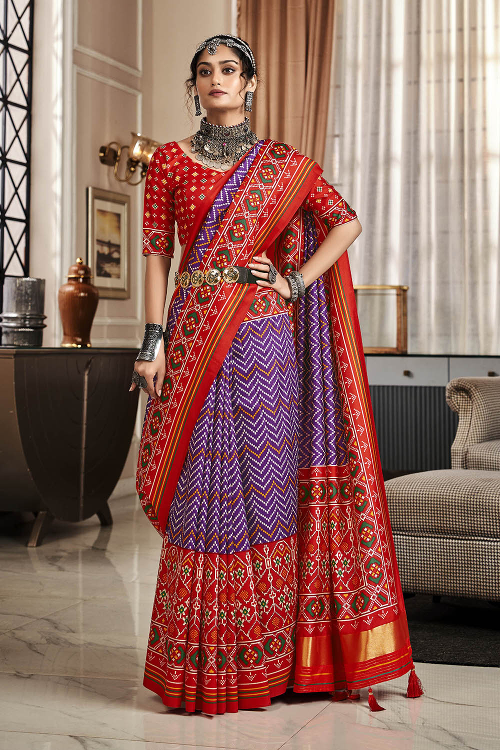 Purple & Ferrari Red Leheriya Style Patola Saree with Fancy Red Blouse