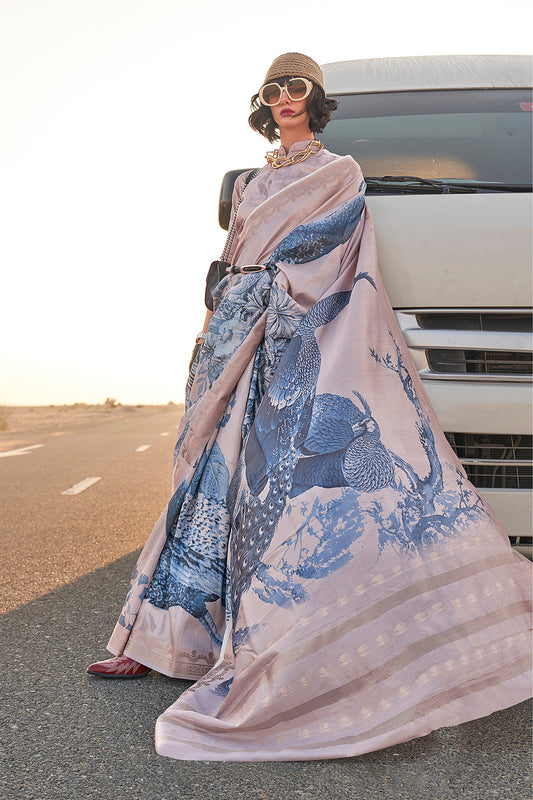 Cream & Blue Designer Digital Printed Silk Saree with Same Colored Contrast Blouse
