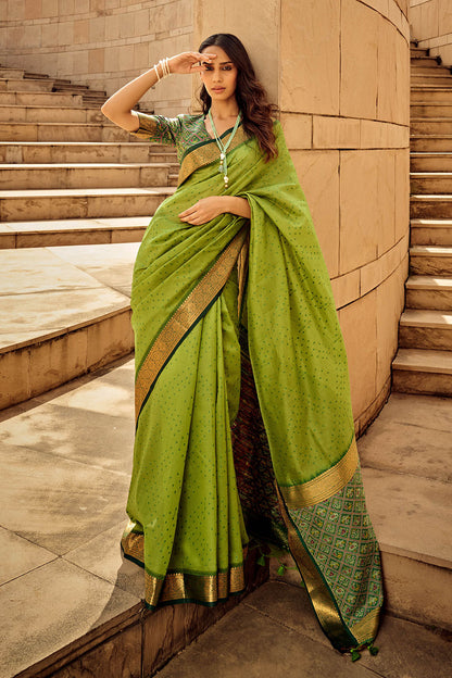 Kelly Green & Golden Border Bandhani Saree with Sea Green Designer Blouse