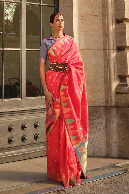 Candy Apple & Multi-colored Border Banarasi Silk Saree with Purple Blouse