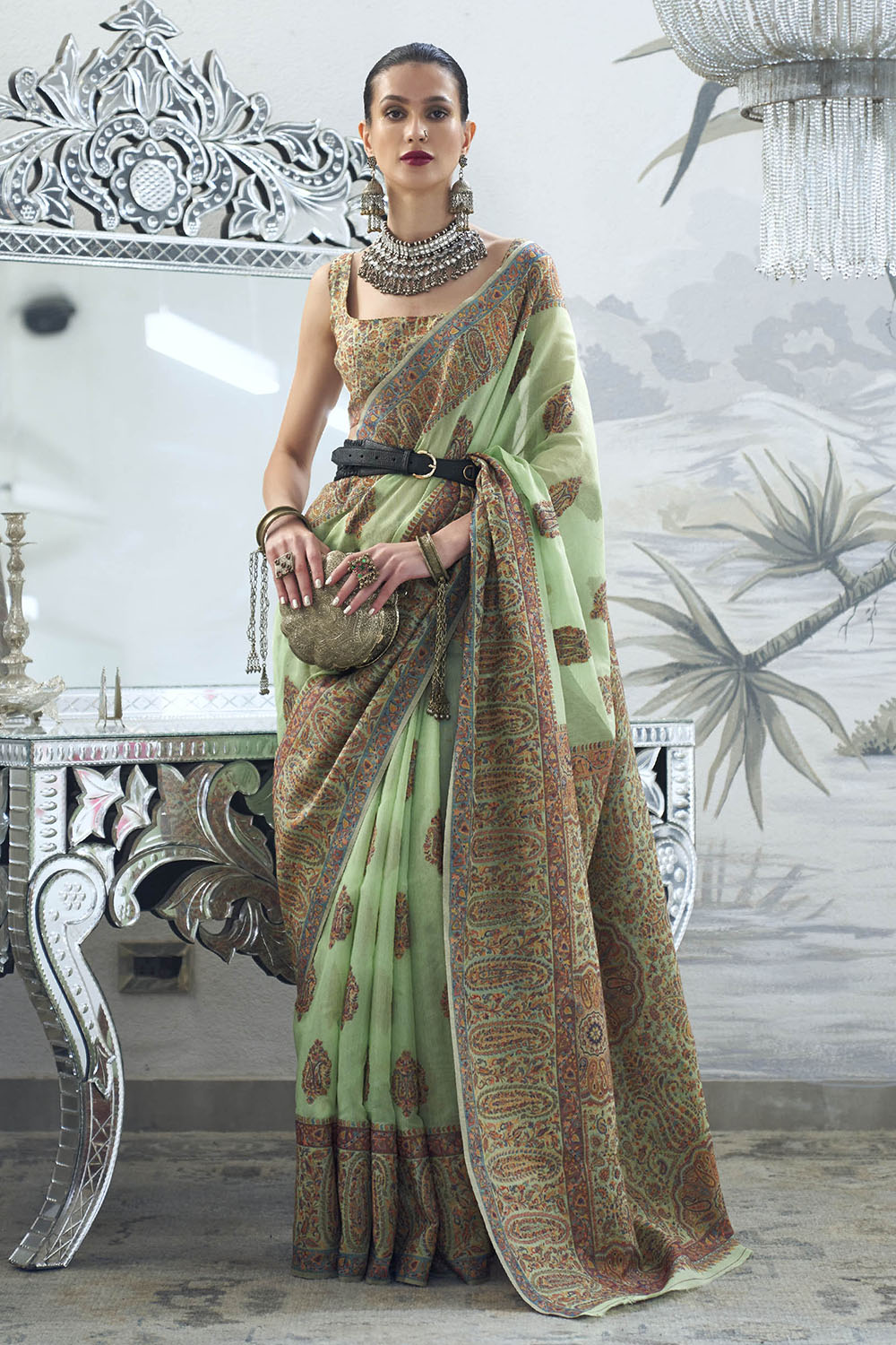 Mint Green & Floral Design Kashmiri Kani Saree with Beautiful Designer Blouse