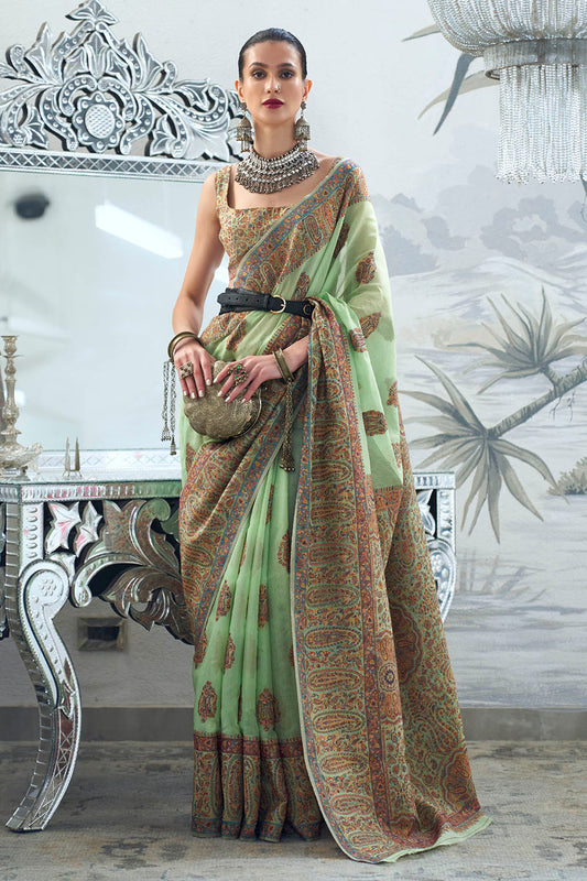 Mint Green & Floral Design Kashmiri Kani Saree with Beautiful Designer Blouse