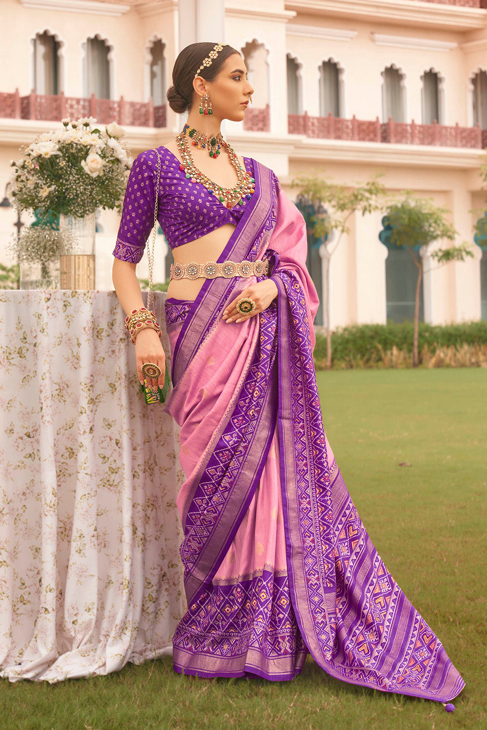 Purple & Baby Pink Ikkat Patola Saree with Designer Contrast Blouse