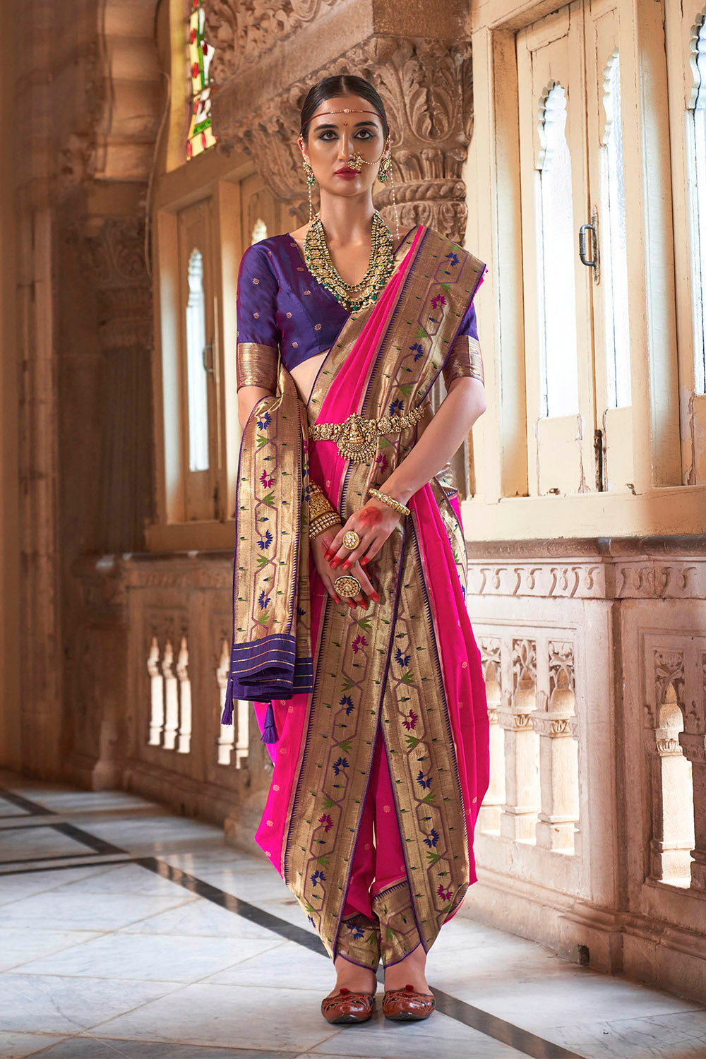 Hot pink &Golden Border Paithani Saree with Purple Designer Blouse