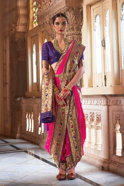 Hot pink &Golden Border Paithani Saree with Purple Designer Blouse