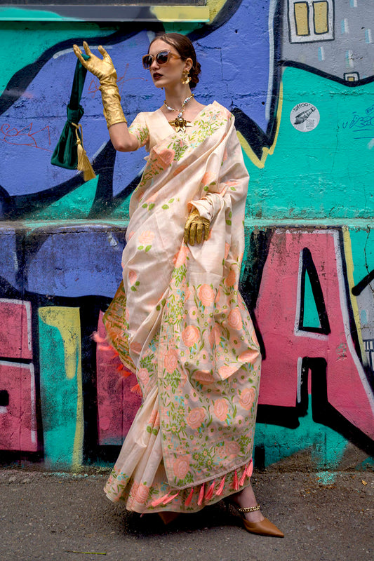 Cream Floral Border Banarasi Silk Saree with Off White Blouse