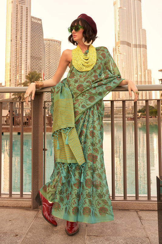 Jungle Green Floral Organza Saree with Designer Same Colored Blouse