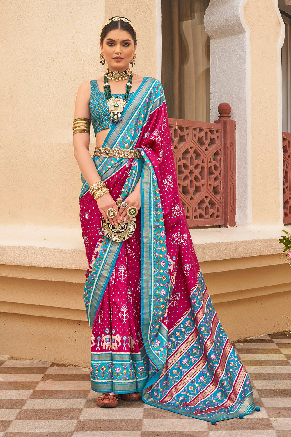 Baby Pink & Ruby Pink Ikkat Patola Saree with Contrast Baby Blue Pretty Blouse
