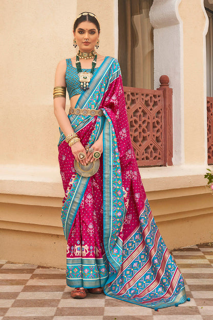 Baby Pink & Ruby Pink Ikkat Patola Saree with Contrast Baby Blue Pretty Blouse