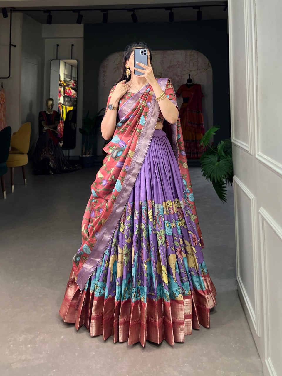 Kalamkari South Indian Style Designer Lehenga Choli with Blouse