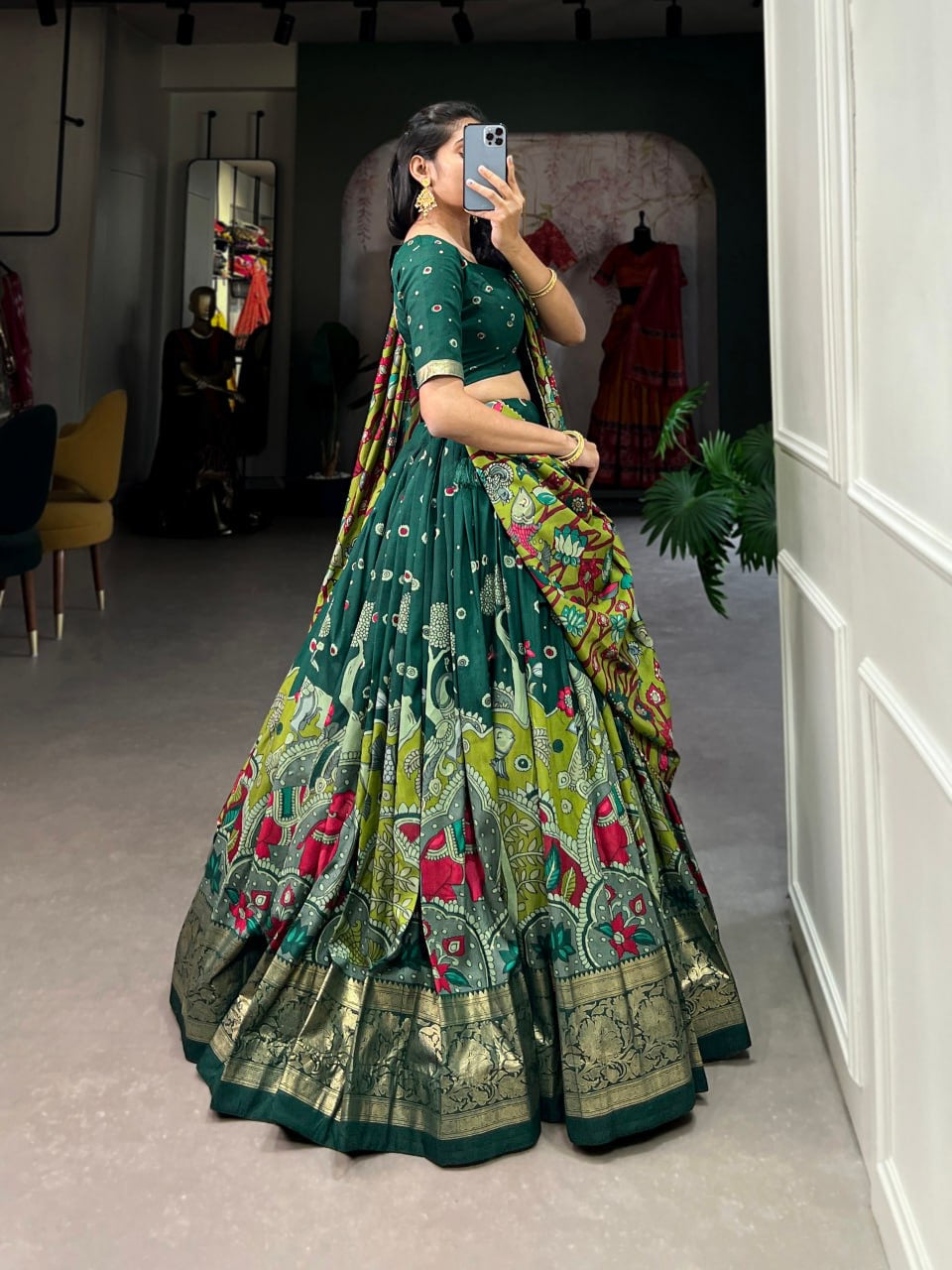 Kalamkari South Indian Style Designer Lehengas with Blouse and Dupatta
