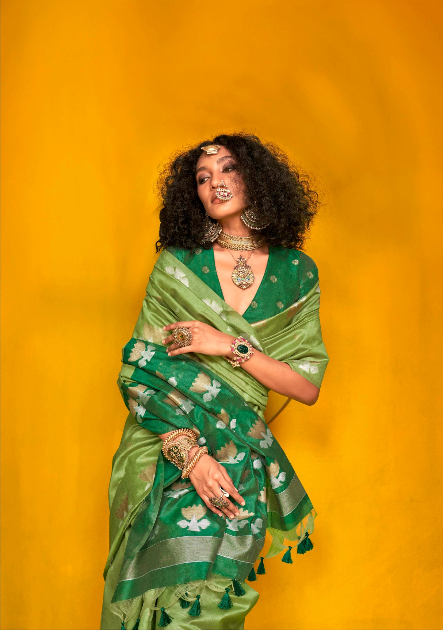 Kelly Green & Dark Green Satin Saree with Same Colored Blouse