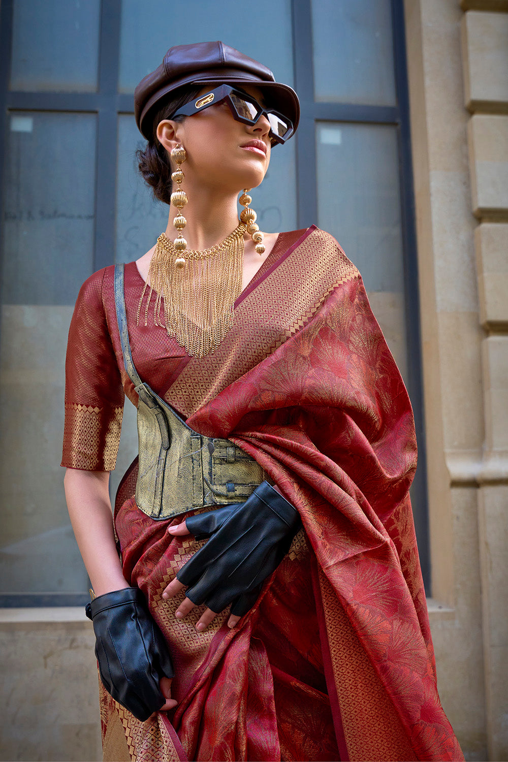 Crimson Red & Golden Border Banarasi Silk Saree with Contrast Blouse