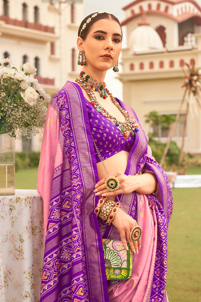 Purple & Baby Pink Ikkat Patola Saree with Designer Contrast Blouse