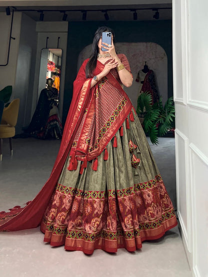 Red & Green Banarasi Brocade Woven Jaal Design Silk Lehengas with Dupatta