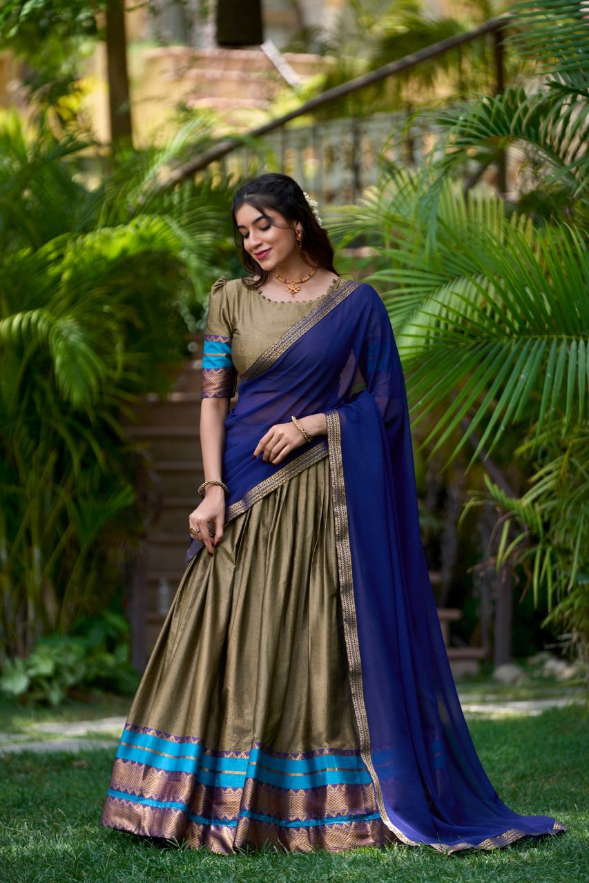 South Indian Pattu Powada Lehengas with Kanchi Silk Border and Dupatta