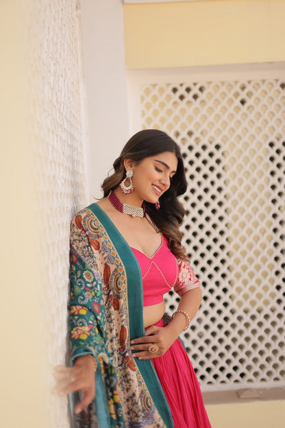 Ruby Pink Kalamkari South Indian Style Designer Lehengas with Blouse