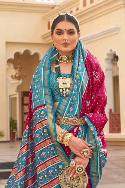 Baby Pink & Ruby Pink Ikkat Patola Saree with Contrast Baby Blue Pretty Blouse