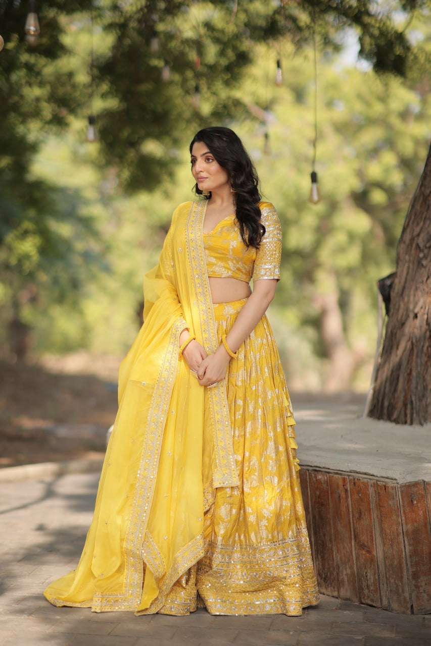 Yellow Banarasi Woven Jaal Design Silk Lehengas with Stunning Blouse