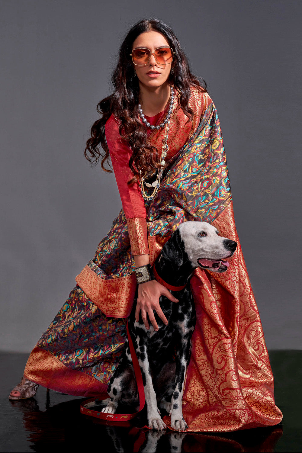 Black & Multi-coloredn Red Border Kashmiri Saree with Designer Blouse