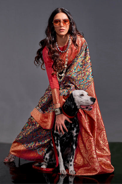 Black & Multi-coloredn Red Border Kashmiri Saree with Designer Blouse