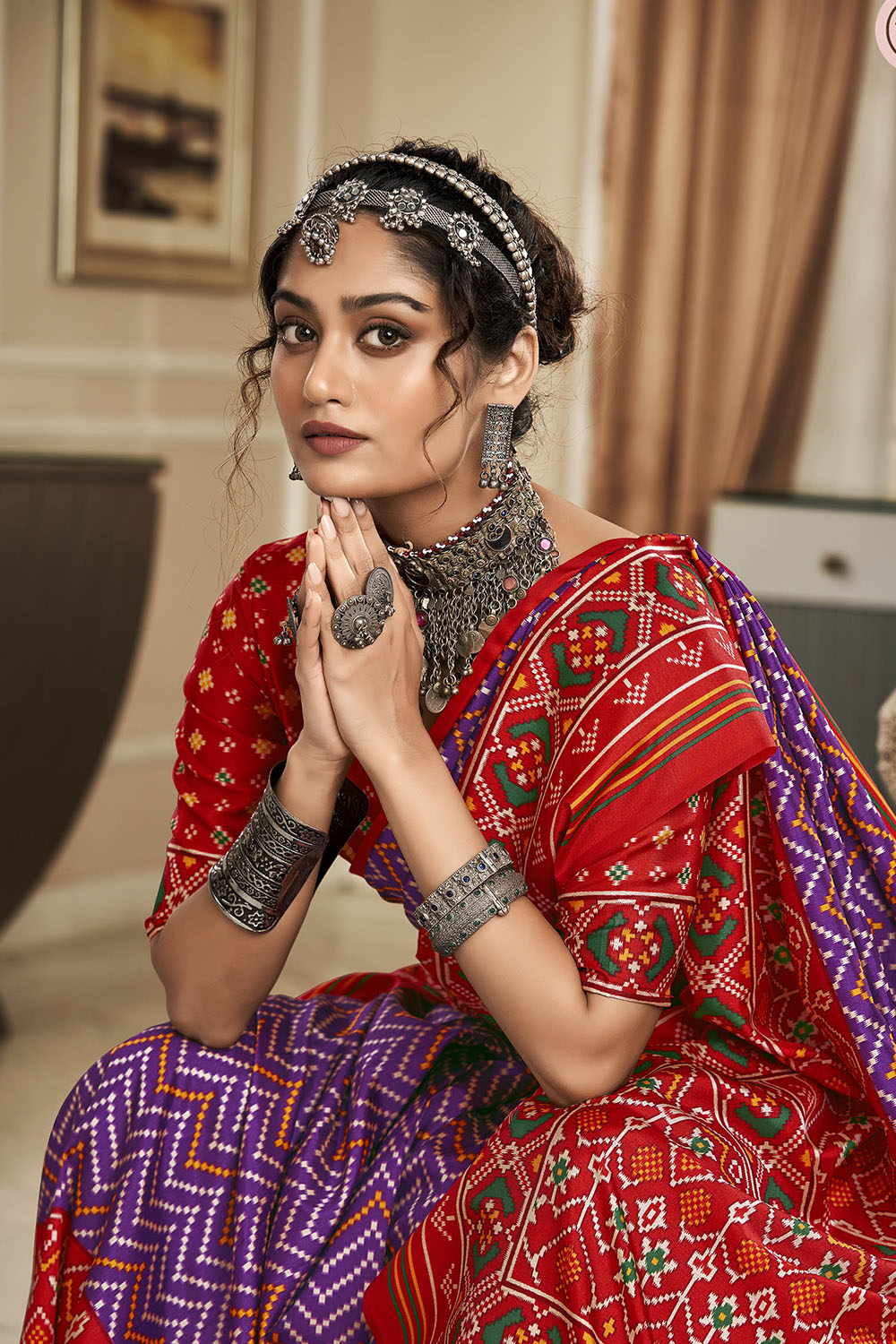 Purple & Ferrari Red Leheriya Style Patola Saree with Fancy Red Blouse
